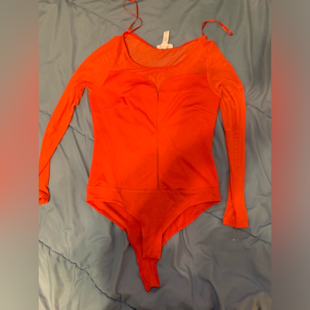 Woman’s Bright Orange/Red Mesh Sleeve Bodysuit